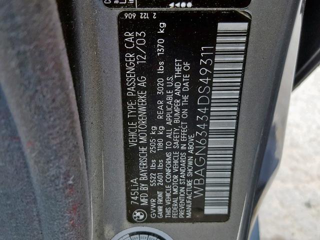 WBAGN63434DS49311 - 2004 BMW 745 LI CHARCOAL photo 10