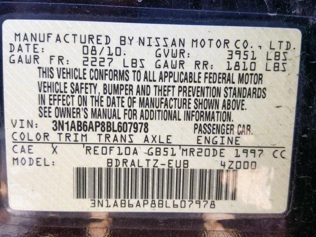 3N1AB6AP8BL607978 - 2011 NISSAN SENTRA 2.0 BLACK photo 10