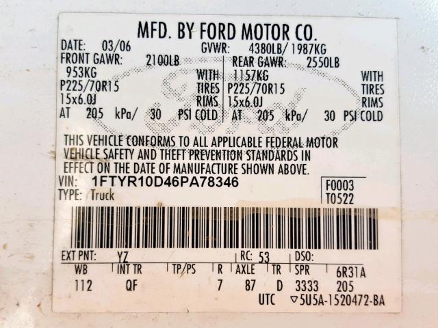 1FTYR10D46PA78346 - 2006 FORD RANGER WHITE photo 10