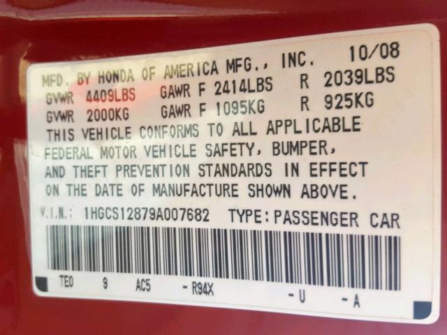 1HGCS12879A007682 - 2009 HONDA ACCORD EXL RED photo 10