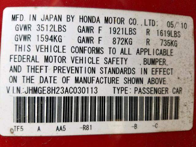 JHMGE8H23AC030113 - 2010 HONDA FIT RED photo 10