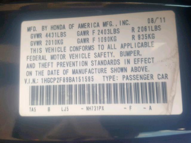 1HGCP2F89BA151595 - 2011 HONDA ACCORD EXL BLACK photo 10