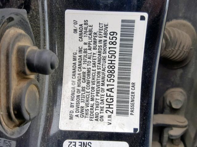 2HGFA15988H501859 - 2008 HONDA CIVIC EXL შავი ფოტო 10