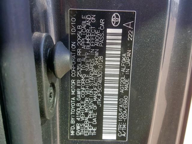 JTKJF5C74B3010128 - 2011 TOYOTA SCION TC ნაცრისფერი ფოტო 10