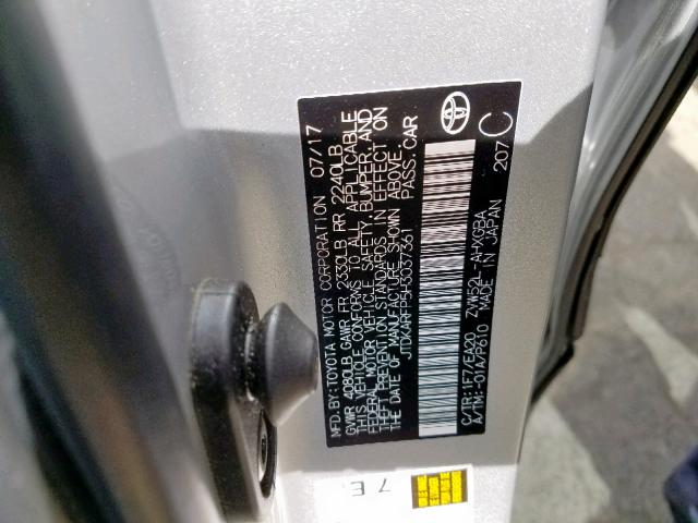 JTDKARFP5H3037361 - 2017 TOYOTA PRIUS PRIM 银色 照片 10