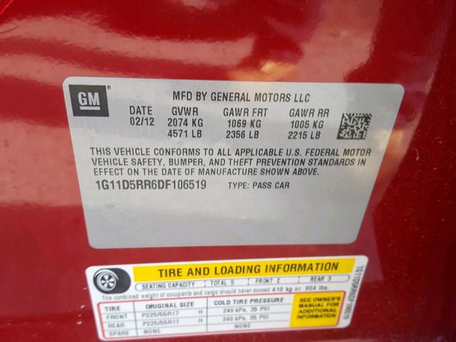 1G11D5RR6DF106519 - 2013 CHEVROLET MALIBU 1LT RED photo 10