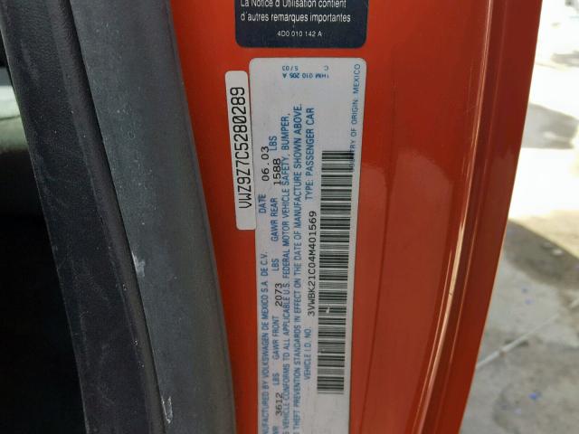 3VWBK21C04M401569 - 2004 VOLKSWAGEN NEW BEETLE ORANGE photo 10