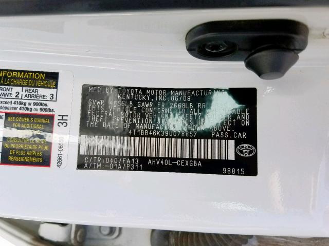 4T1BB46K39U078857 - 2009 TOYOTA CAMRY HYBR WHITE photo 10