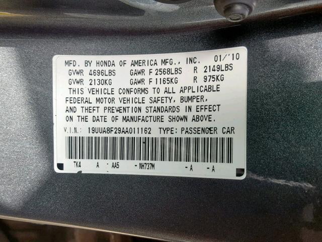 19UUA8F29AA011162 - 2010 ACURA TL Gri fotoğraf 10