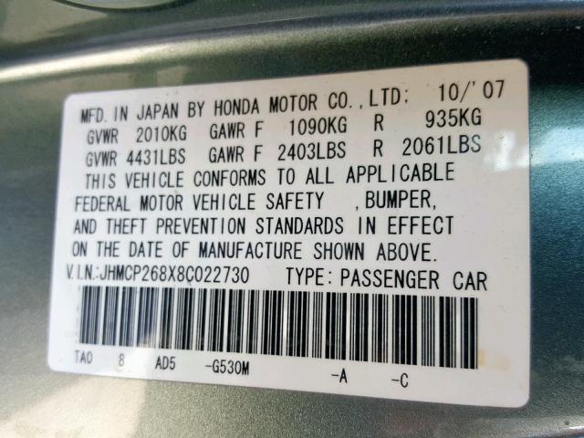 JHMCP268X8C022730 - 2008 HONDA ACCORD EXL GREEN photo 10