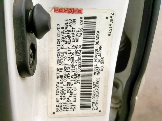 JTHBF30G920035434 - 2002 LEXUS ES 300 WHITE photo 10