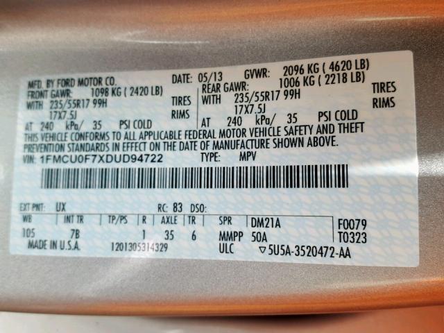 1FMCU0F7XDUD94722 - 2013 FORD ESCAPE S SILVER photo 10