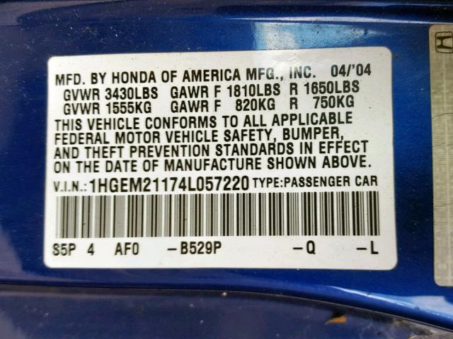 1HGEM21174L057220 - 2004 HONDA CIVIC DX V BLUE photo 10