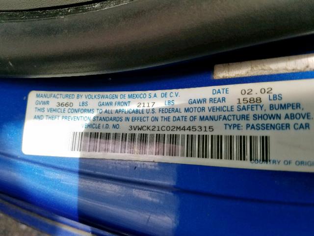 3VWCK21C02M445315 - 2002 VOLKSWAGEN NEW BEETLE Mavi foto 10