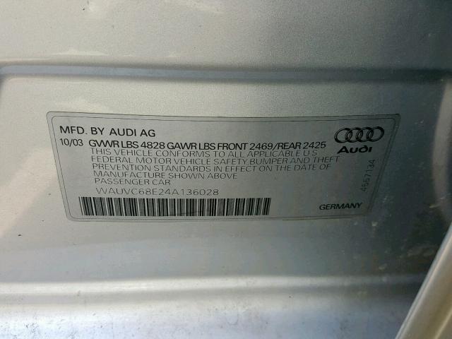 WAUVC68E24A136028 - 2004 AUDI A4 1.8T AV SILVER photo 10