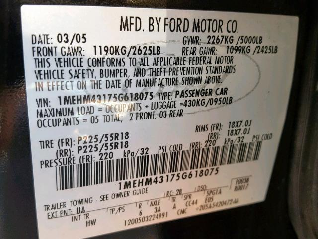 1MEHM43175G618075 - 2005 MERCURY MONTEGO PR 黑色 照片 10