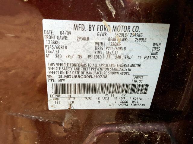2LMDU88C09BJ10738 - 2009 LINCOLN MKX MAROON photo 10