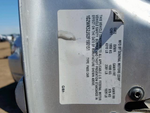 1G2WK52J92F190151 - 2002 PONTIAC GRAND PRIX SILVER photo 10