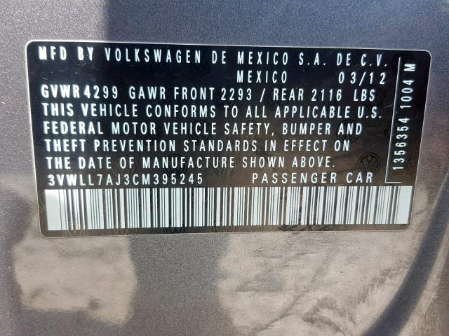 3VWLL7AJ3CM395245 - 2012 VOLKSWAGEN JETTA TDI GRAY photo 10