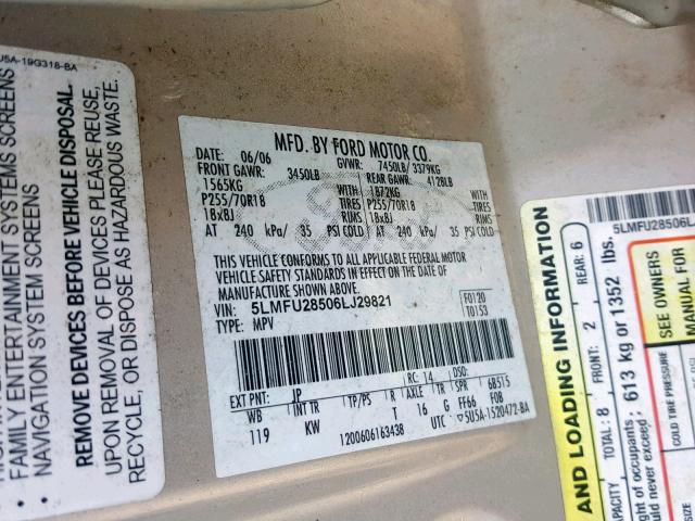 5LMFU28506LJ29821 - 2006 LINCOLN NAVIGATOR 奶油色 照片 10