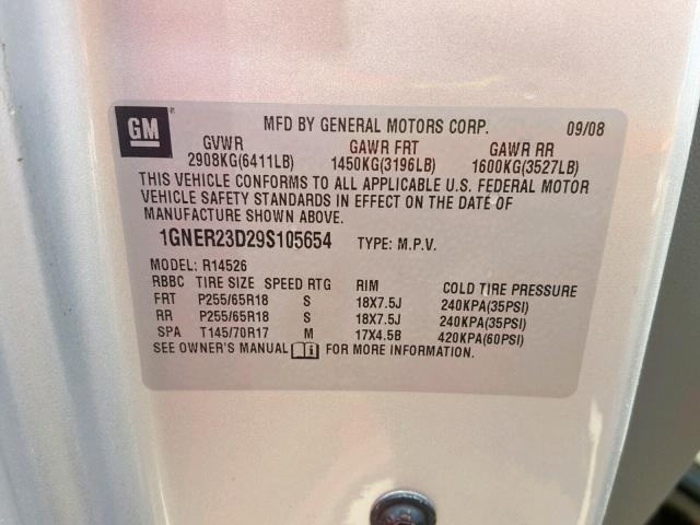 1GNER23D29S105654 - 2009 CHEVROLET TRAVERSE L SILVER photo 10