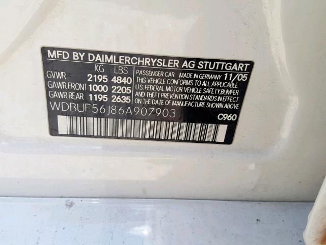 WDBUF56J86A907903 - 2006 MERCEDES-BENZ E 350 WHITE photo 10