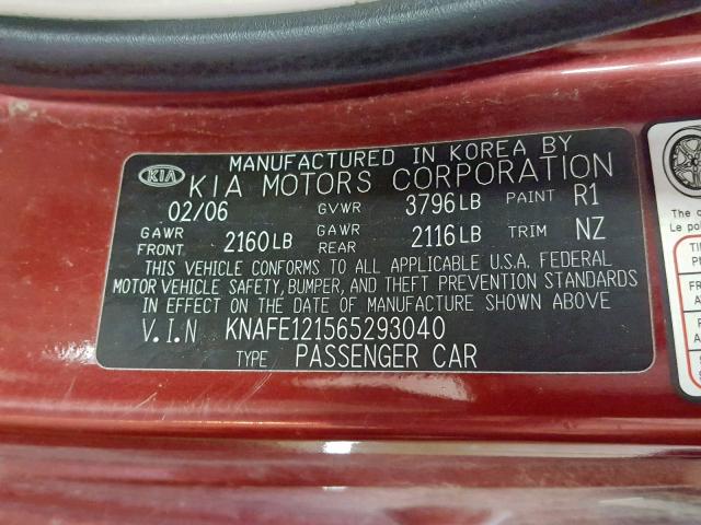 KNAFE121565293040 - 2006 KIA NEW SPECTR RED photo 10