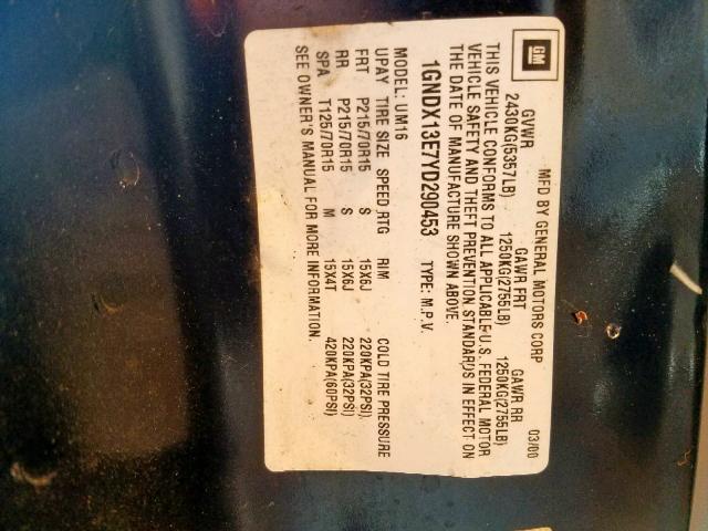 1GNDX13E7YD290453 - 2000 CHEVROLET VENTURE LU BLUE photo 10