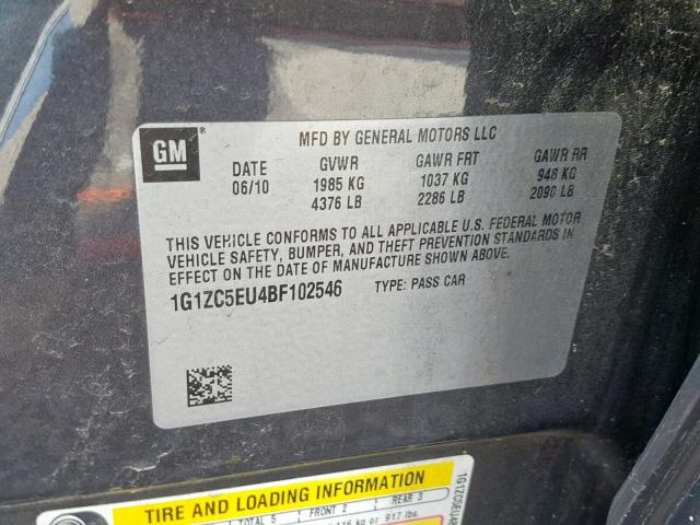 1G1ZC5EU4BF102546 - 2011 CHEVROLET MALIBU 1LT ნაცრისფერი ფოტო 10