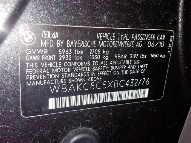 WBAKC8C5XBC432776 - 2011 BMW 750 LXI GRAY photo 10