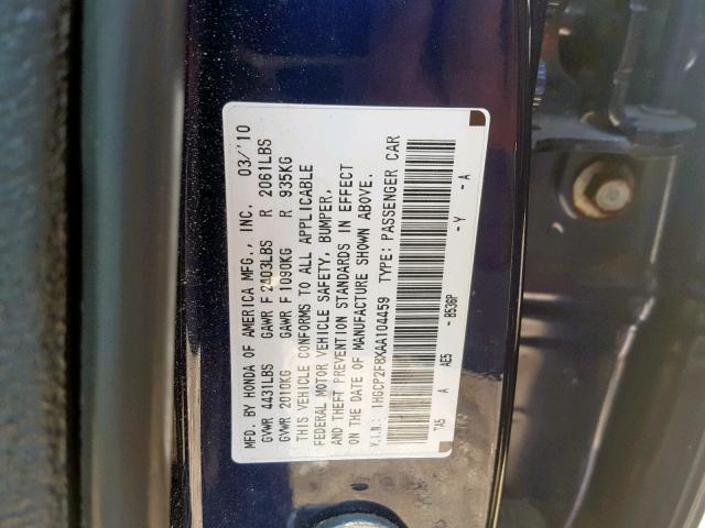 1HGCP2F8XAA104459 - 2010 HONDA ACCORD EXL BLUE photo 10