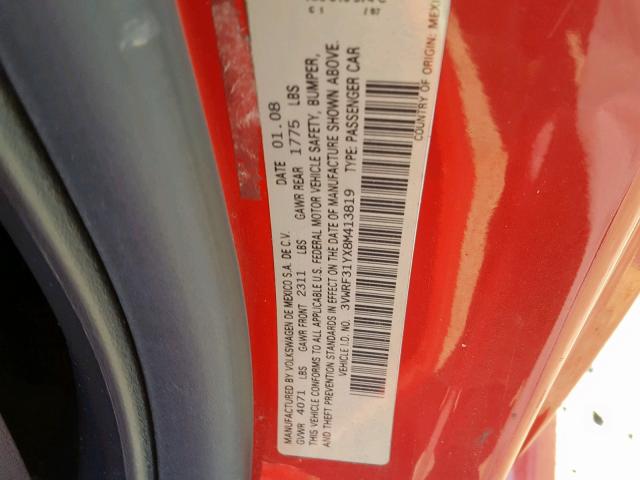 3VWRF31YX8M413819 - 2008 VOLKSWAGEN NEW BEETLE წითელი ფოტო 10