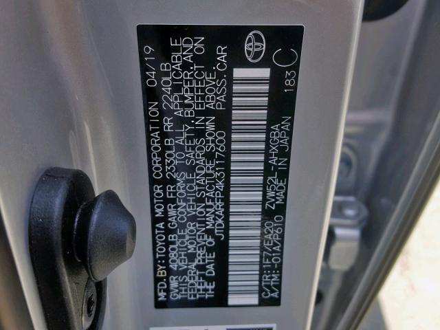 JTDKARFP4K3117600 - 2019 TOYOTA PRIUS PRIM 银色 照片 10