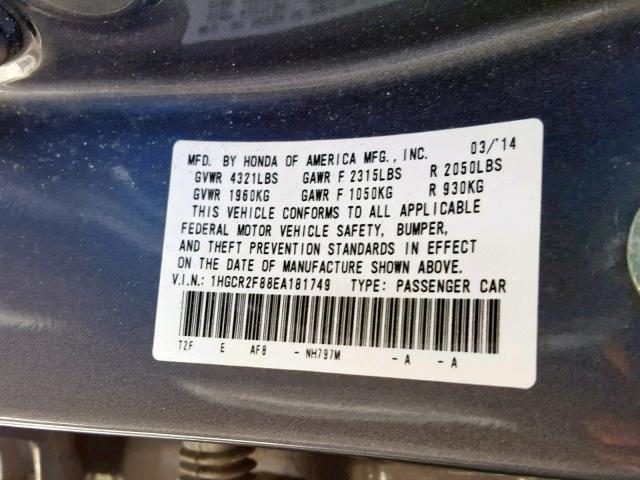 1HGCR2F88EA181749 - 2014 HONDA ACCORD EXL GRAY photo 10