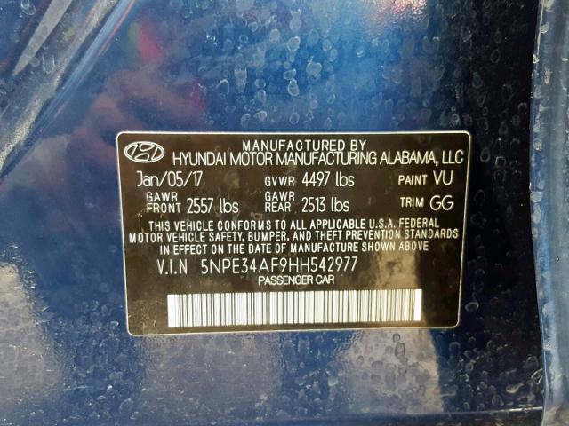 5NPE34AF9HH542977 - 2017 HYUNDAI SONATA SPO BLUE photo 10