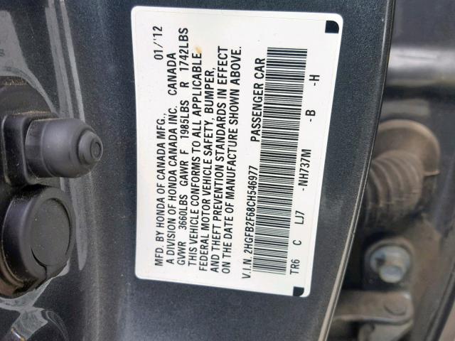 2HGFB2F68CH546977 - 2012 HONDA CIVIC HF CHARCOAL photo 10