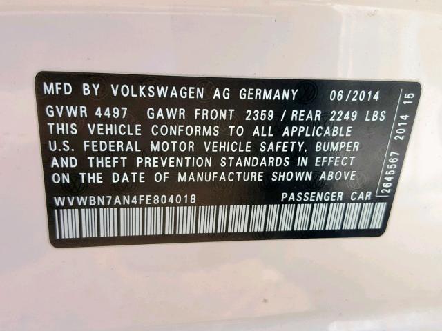 WVWBN7AN4FE804018 - 2015 VOLKSWAGEN CC SPORT 白色 照片 10