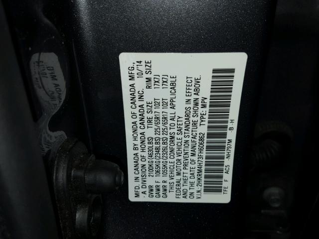 2HKRM4H73FH606862 - 2015 HONDA CR-V EXL GRAY photo 10