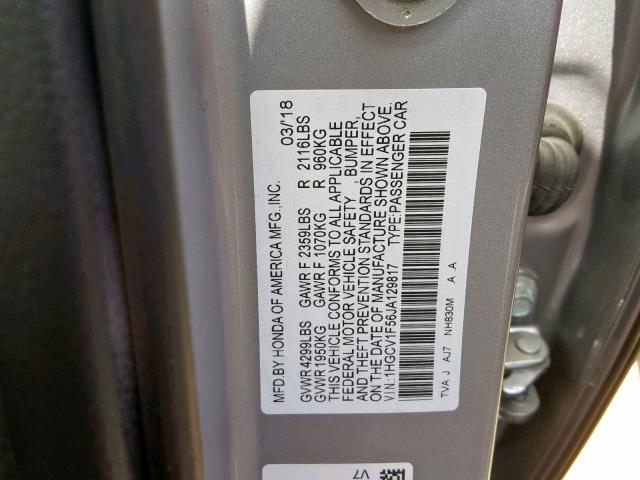 1HGCV1F56JA129817 - 2018 HONDA ACCORD EXL SILVER photo 10