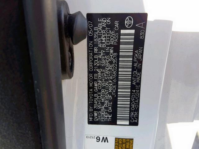 JTKDE167680223578 - 2008 TOYOTA SCION TC თეთრი ფოტო 10