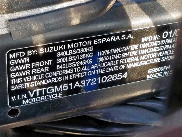 VTTGM51A372102654 - 2007 SUZUKI GS500 GRAY photo 10