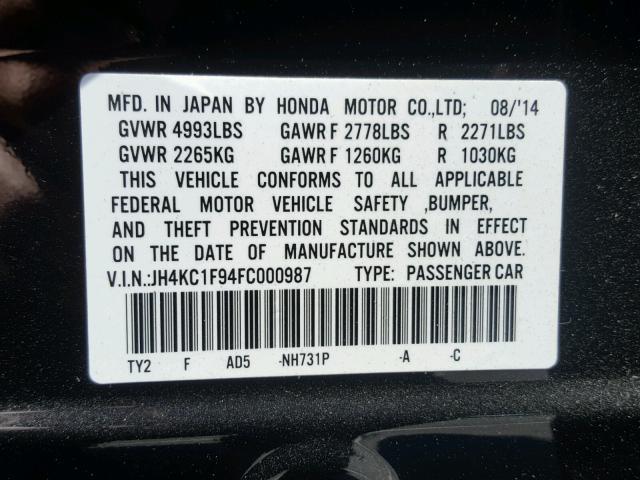 JH4KC1F94FC000987 - 2015 ACURA RLX ADVANC BLACK photo 10