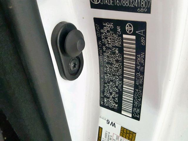 JTKDE167880241807 - 2008 TOYOTA SCION TC WHITE photo 10