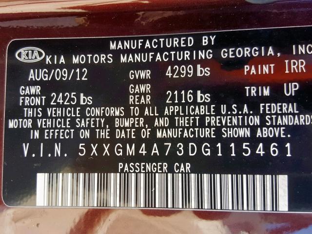 5XXGM4A73DG115461 - 2013 KIA OPTIMA LX MAROON photo 10