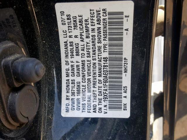 19XFA1F60AE078148 - 2010 HONDA CIVIC LX-S Սև լուսանկար 10