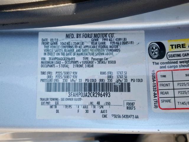 3FAHP0JA2CR296493 - 2012 FORD FUSION SEL SILVER photo 10