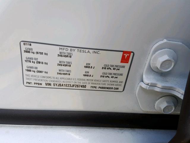5YJSA1E23JF267450 - 2018 TESLA MODEL S أبيض صورة 10