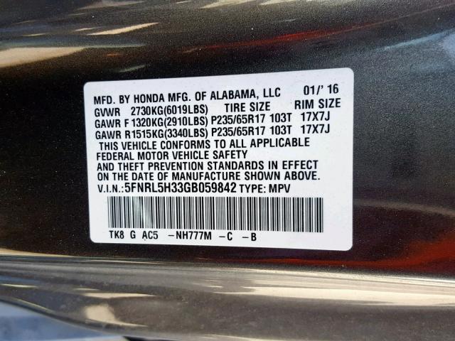 5FNRL5H33GB059842 - 2016 HONDA ODYSSEY SE GRAY photo 10