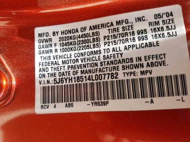 5J6YH18514L007782 - 2004 HONDA ELEMENT EX ORANGE photo 10