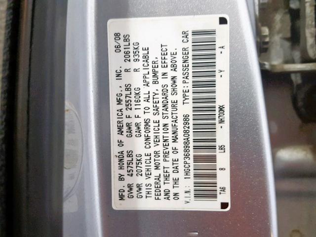 1HGCP36898A082986 - 2008 HONDA ACCORD EXL SILVER photo 10